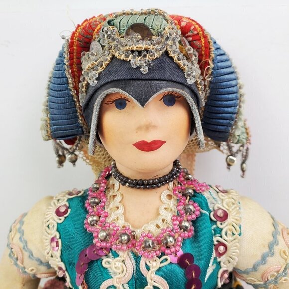 Czech Traditional Vintage 1950s Girl Doll Ornate Headdress Outfit Czechoslovakia - Picture 3 of 16